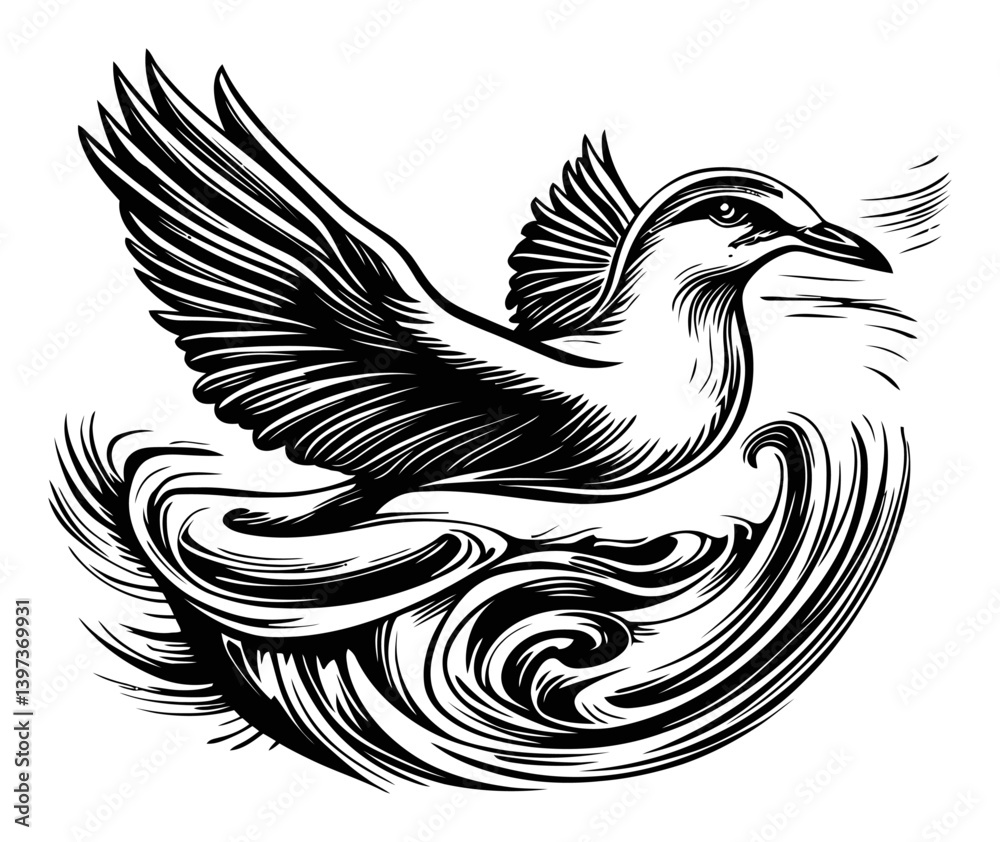 Obraz premium Detailed Illustration of a Flying Bird over Turbulent Waves