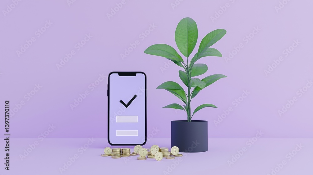Mobile financial app, confirmation, and investment concept. A smartphone displays a confirmation checkmark, beside a potted plant, and scattered gold coins Mobile financial app, confirmation, and investment concept. A smartphone displays a confirmation checkmark, beside a potted plant, and scattered gold coins