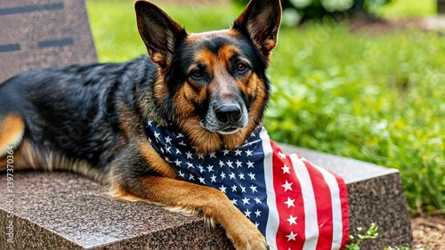 Loyal canine companion resting with American flag bandana on memorial stone in serene garden setting