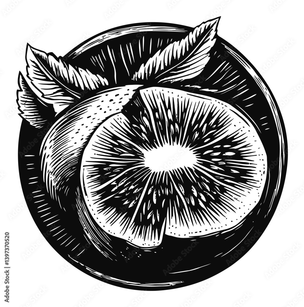 Obraz premium Artistic black and white illustration of a sliced fruit with leaves