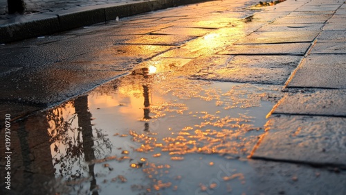 Sunset Reflections in a Wet Cobblestone Street