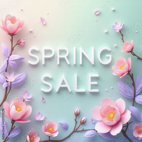 Colorful flowers and delicate leaves frame a spring sale announcement, showcasing a vibrant and inviting atmosphere perfect for seasonal shopping events