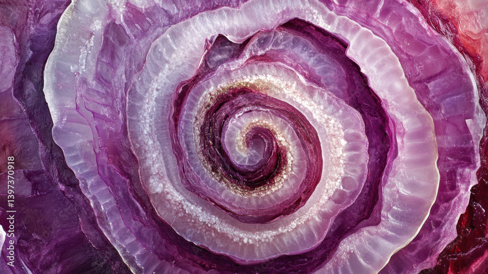 Obraz premium Close-up of a red onion cut in half, revealing its intricate layers of purple and white concentric circles 