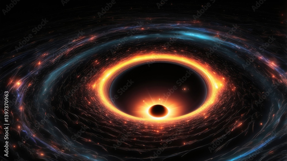 A dark black hole surrounded by a fiery, glowing accretion disk in space. A dark black hole surrounded by a fiery, glowing accretion disk in space.