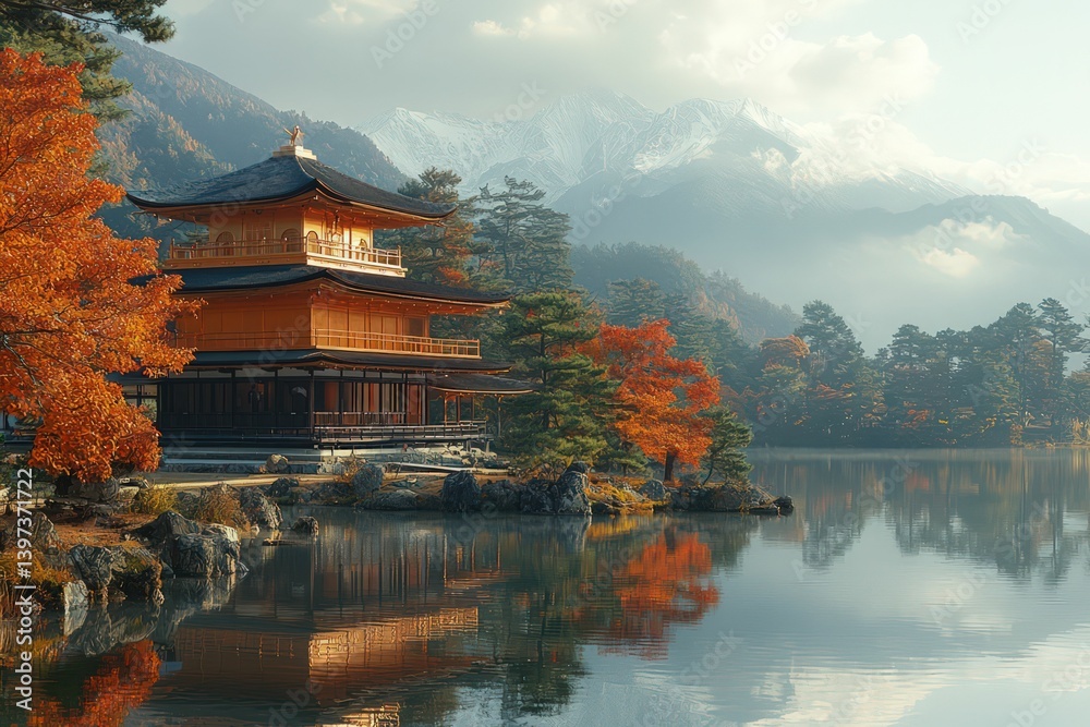 Naklejka premium Golden temple reflects in calm autumn lake