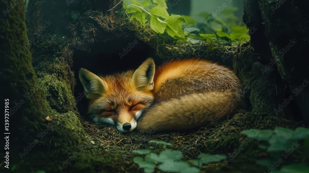 Naklejka premium A resting fox curled up asleep in a natural forested den
