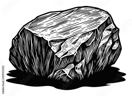Detailed Woodcut Illustration of a Rough Stone Rock Element