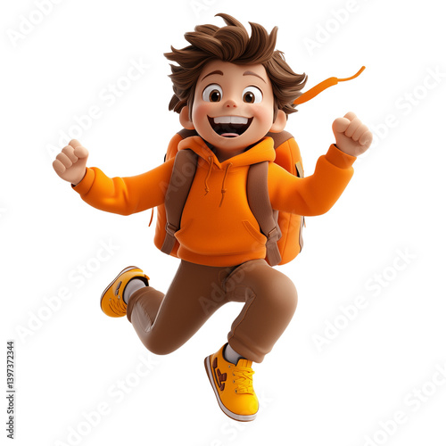 Excited Cartoon Boy Leaping with Joy in Orange Hoodie and Backpack on Transparent