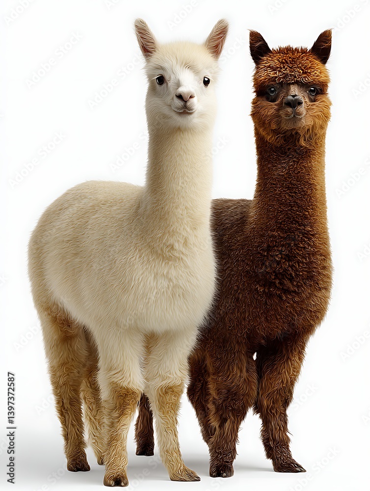 Obraz premium Two Alpacas Standing Together Isolated on White Background