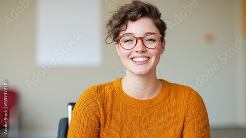 Smiling Person with Multiple Sclerosis in Cozy Sweater Captured Indoor Setting