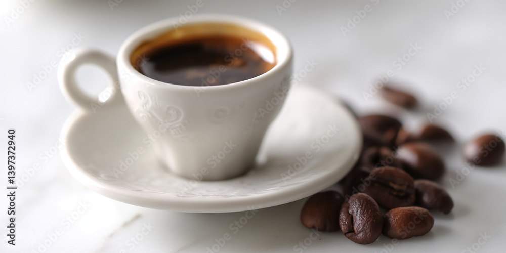Close-up of espresso in white cup and saucer, coffee beans scattered nearby, showcasing simple elegance and morning ritual, ideal for cafe or coffee themed concepts Close-up of espresso in white cup and saucer, coffee beans scattered nearby, showcasing simple elegance and morning ritual, ideal for cafe or coffee themed concepts