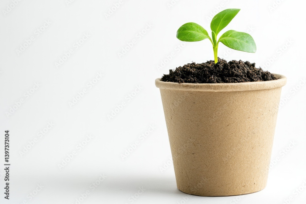 Small green plant emerging from soil in eco-friendly pot symboli Small green plant emerging from soil in eco-friendly pot symboli