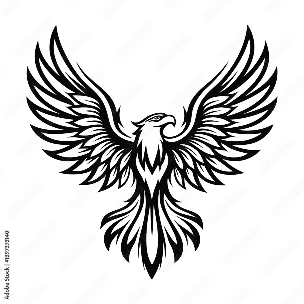 Obraz premium Black and White Eagle Illustration, Isolated Bird with Open Wings and Detailed Feathers