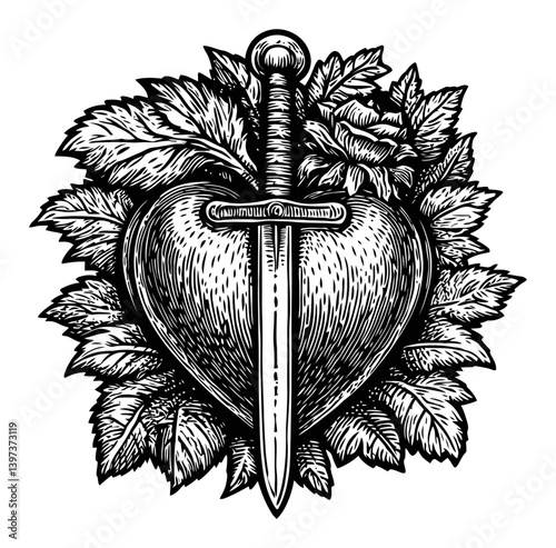 Heart and Sword Illustration Surrounded by Leaves and Roses