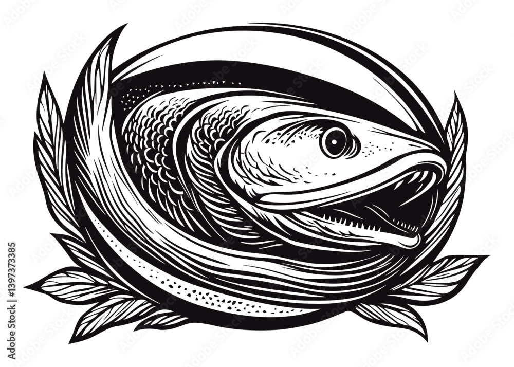 Obraz premium Detailed Black and White Illustration of a Fish with Decorative Elements