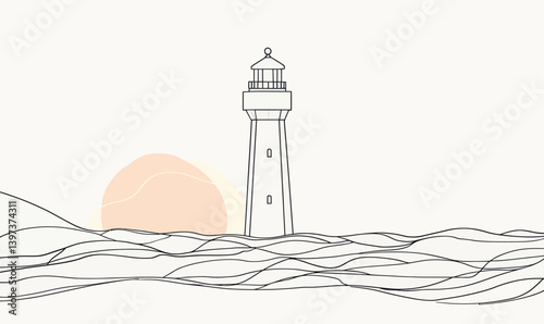 Minimalist One Line Drawing of Lighthouse with Waves and Sun Vector Illustration