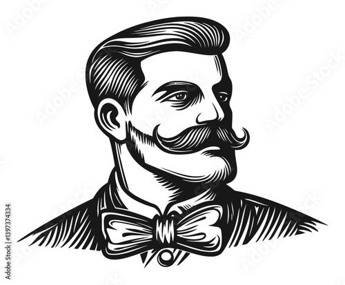 Vintage Portrait of a Man with a Mustache and Bow Tie Illustration
