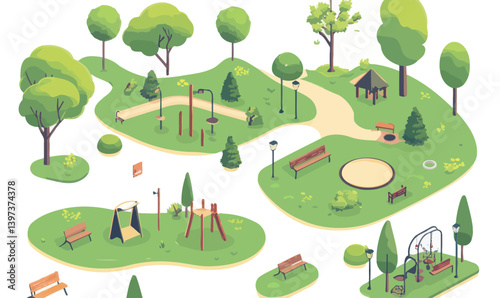 Isometric Park Set Vector Illustration with Minimalist Design Elements