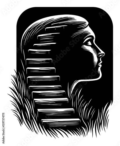 Abstract Profile of Woman with Stairs in Hair and Grass Elements