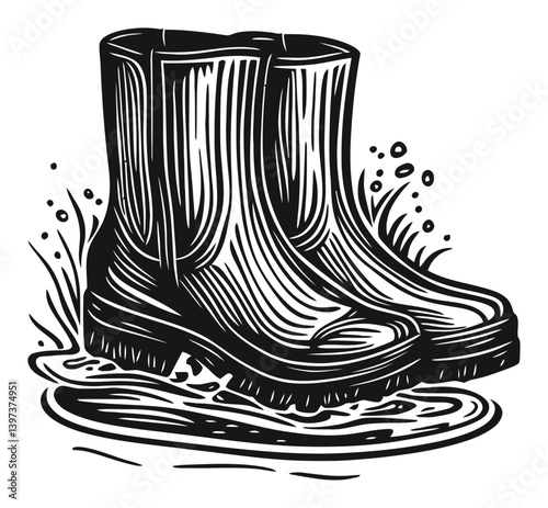 Classic Rubber Boots in Puddle Surrounded by Grass and Water Splashes