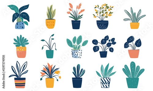 Charming Doodle Style Houseplants in Flowerpots Vector Illustration
