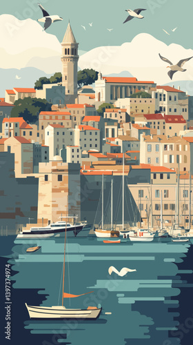 Vintage Marseille Cityscape Poster with Abstract Skyline and Port