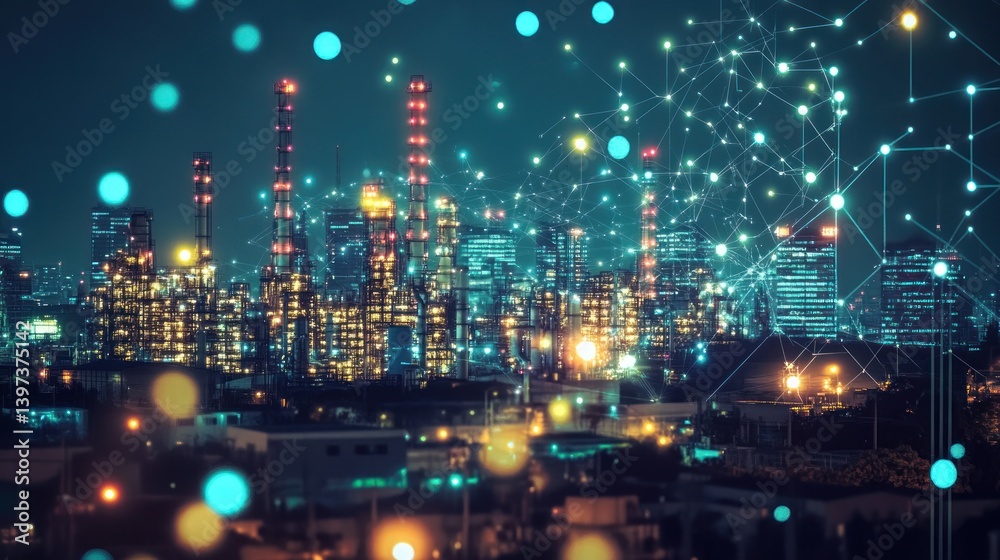 Fototapeta premium Illuminated Metropolis: A Night View of a Smart City's Industrial Heart