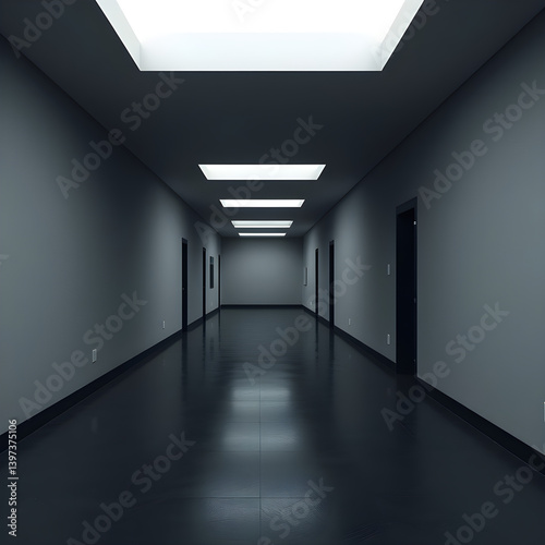 dark liminal space hallway, minimalistic interior design, 3d render 
