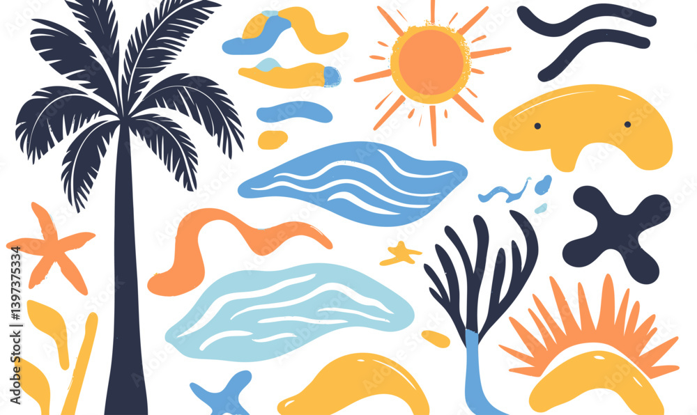 Obraz premium Vibrant Beach Doodle Vector with Palm Tree, Sun, and Ocean Elements