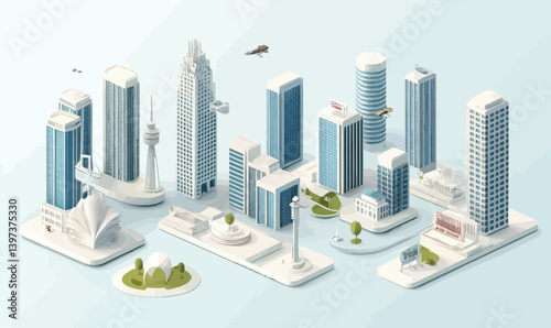 Minimalist 3D Isometric Cityscape Vector Illustration Featuring Modern Architecture