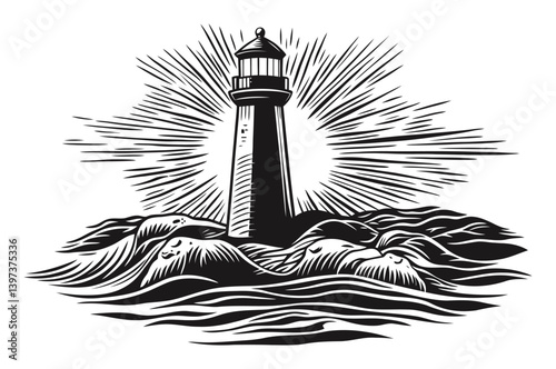 Vintage Style Lighthouse Illustration with Dramatic Ocean Waves