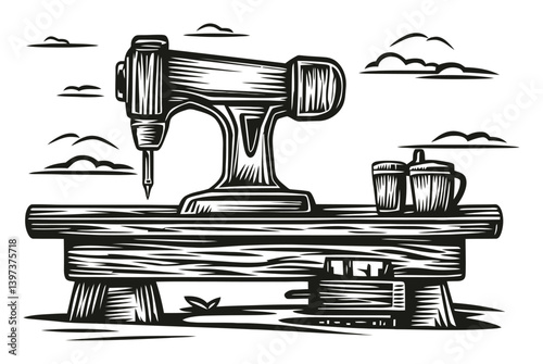 Vintage Sewing Machine on a Wooden Table Against a Cloudy Sky