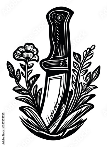 Detailed Illustration of a Knife Surrounded by Plants and Flowers