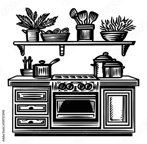 Modern Kitchen Illustration with Herbs, Pots, and Shelves Design