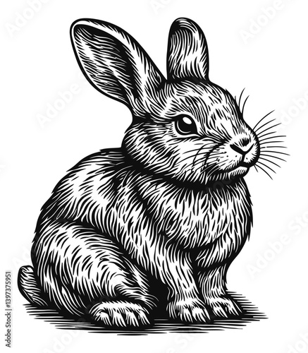 Detailed Black and White Illustration of a Sitting Rabbit