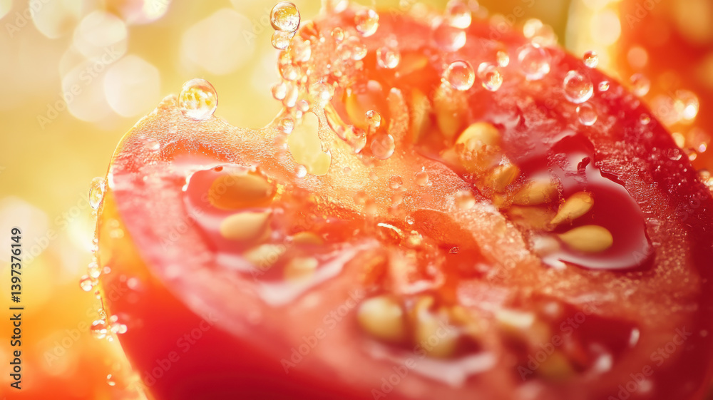 Close-up of a ripe tomato sliced in half, with seeds and juice glistening in the bright natural light Close-up of a ripe tomato sliced in half, with seeds and juice glistening in the bright natural light