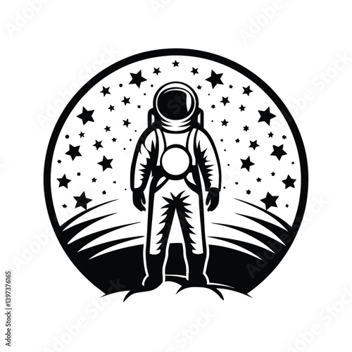 Black and White Spaceman Standing on Planet with Stars in Background