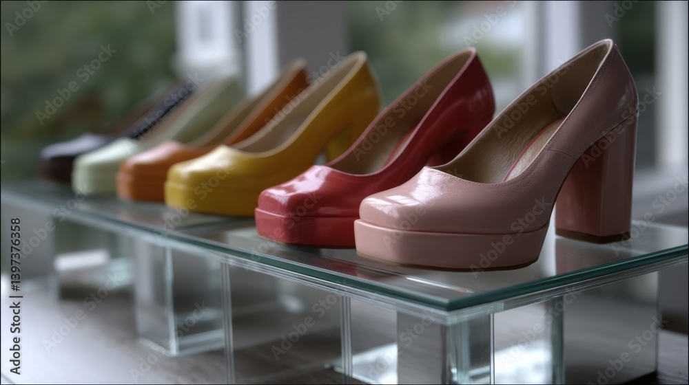 A vibrant array of glossy high-heeled shoes in various colors neatly displayed on glass shelves, embodying luxury fashion in a chic modern setting. A vibrant array of glossy high-heeled shoes in various colors neatly displayed on glass shelves, embodying luxury fashion in a chic modern setting.