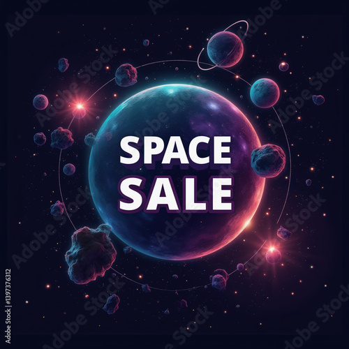 A captivating display of cosmic elements features a glowing planet surrounded by asteroids and a ringed planet in a deep space setting. The art promotes a special sale with bold, vibrant text