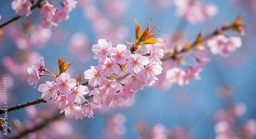 Delicate Pink Cherry Blossoms on Branches Against a Blue Sky Delicate Pink Cherry Blossoms on Branches Against a Blue Sky