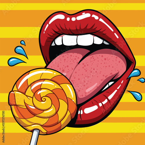 Red lipstick on a woman's mouth with teeth, holding a sweet red lollipop, a beauty illustration