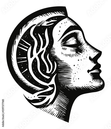 Elegant Profile Silhouette with Abstract Lines and Cosmic Elements