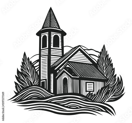 Rustic Church in Nature with Tower and Surrounding Trees and Hills
