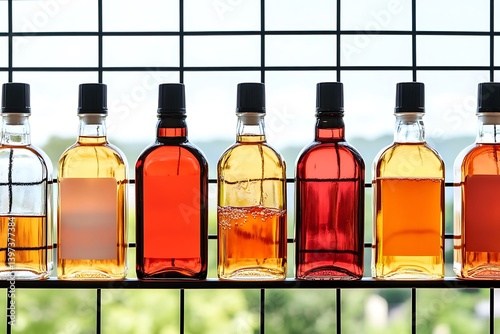 Several bottles of various liquors on a metal shelf. photo