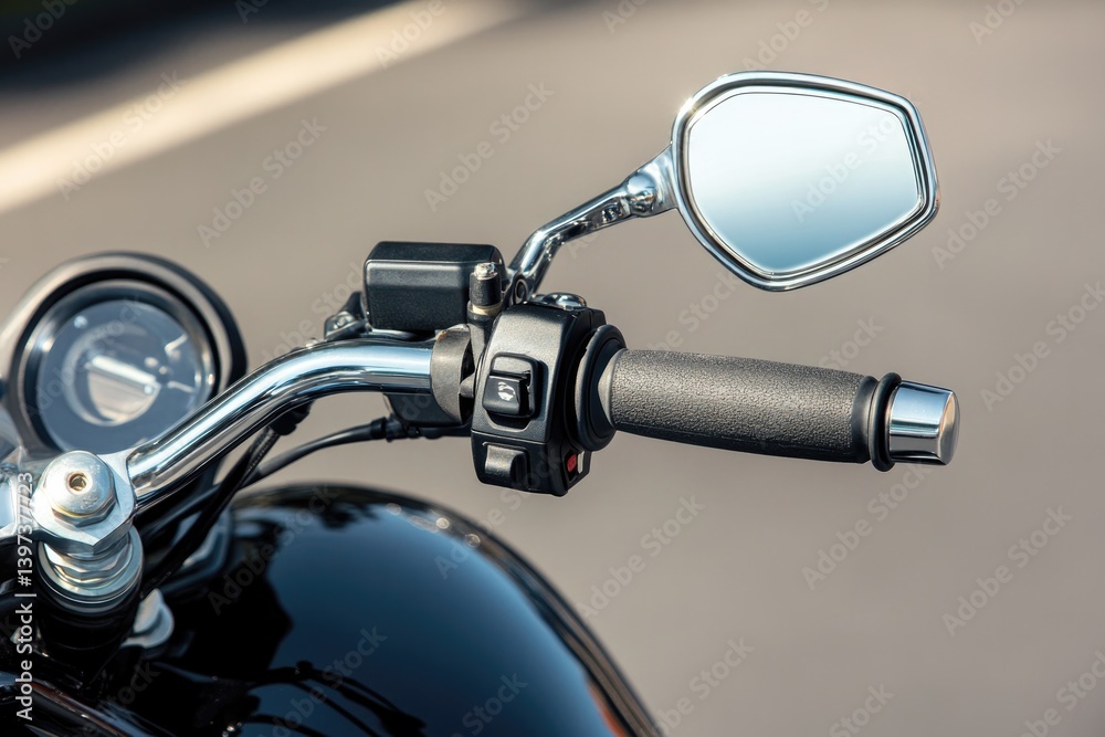 Close-up of motorcycle handlebar showcasing sleek design and pol Close-up of motorcycle handlebar showcasing sleek design and pol