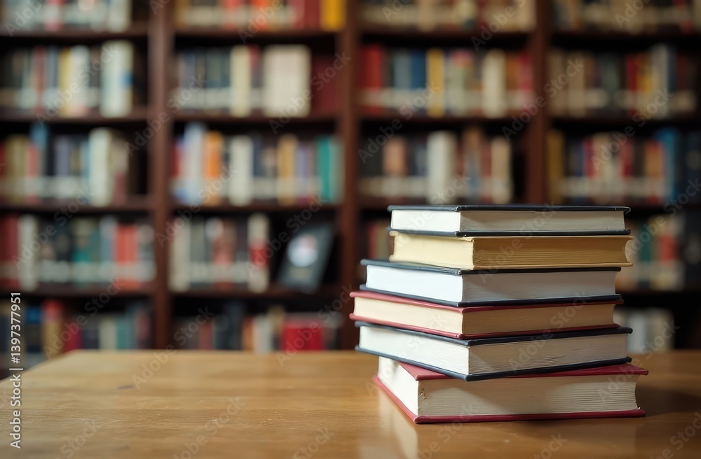 Book stack in the library room and bookshelf for , back to school concept