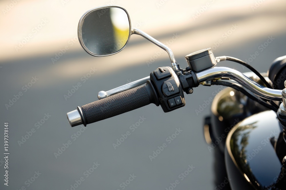 Close-up of motorcycle handlebar showcasing sleek design and shi Close-up of motorcycle handlebar showcasing sleek design and shi
