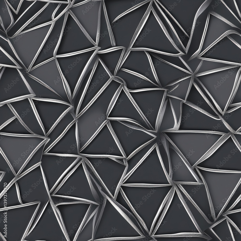 Fototapeta premium Dark Gray Seamless Pattern Background. Black triangles mosaic fills surface. Silver lines create abstract geometric tile.