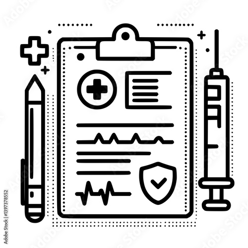 Medical report badge with syringe and pen, medical policy, prescription, health care contract 
