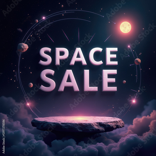 Bright planets and glowing elements surround bold text advertising a space sale. The vibrant cosmic background creates an imaginative atmosphere, inviting engagement with the promotion